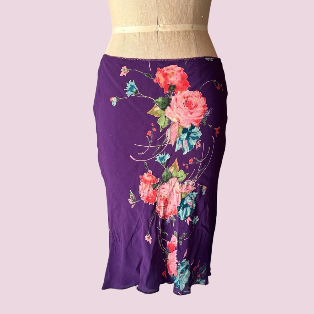 Vintage 90s Purple Floral Beaded Midi Skirt